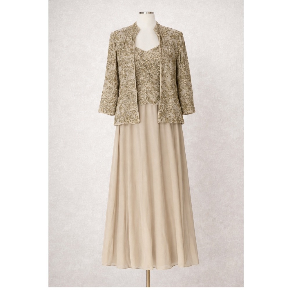 Champagne Formal Dress Jacket Set Womens 8 Beaded Lace Wedding‎ Guest